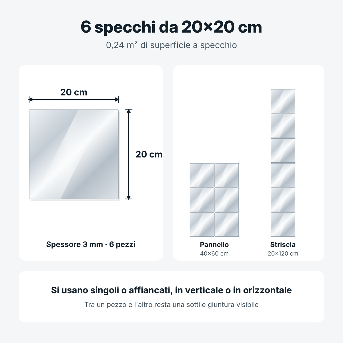 Misure specchio adesivo 20x20 cm e composizioni: pannello 40x60 cm e striscia 20x120 cm