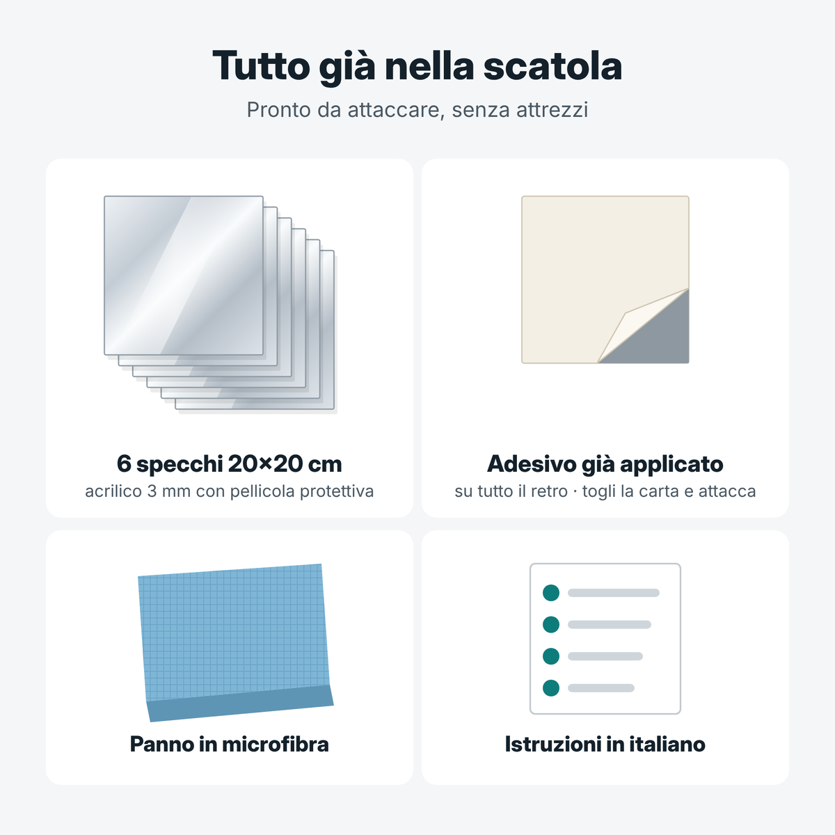 Contenuto della confezione 20x20: 6 specchi con adesivo sul retro, panno in microfibra, istruzioni