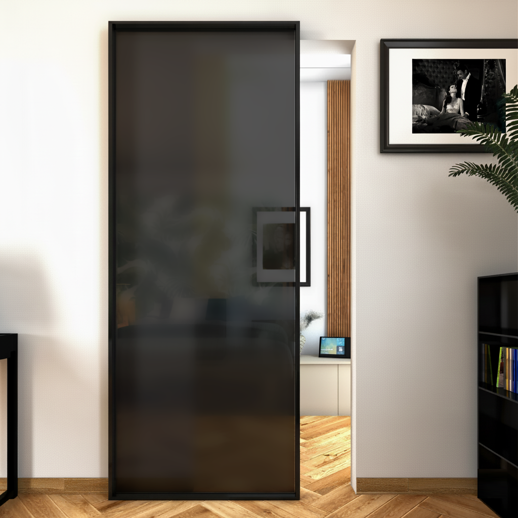 Porta Scorrevole Esterna Anta Profilata Vetro Fumè Satinato con Binario Magical