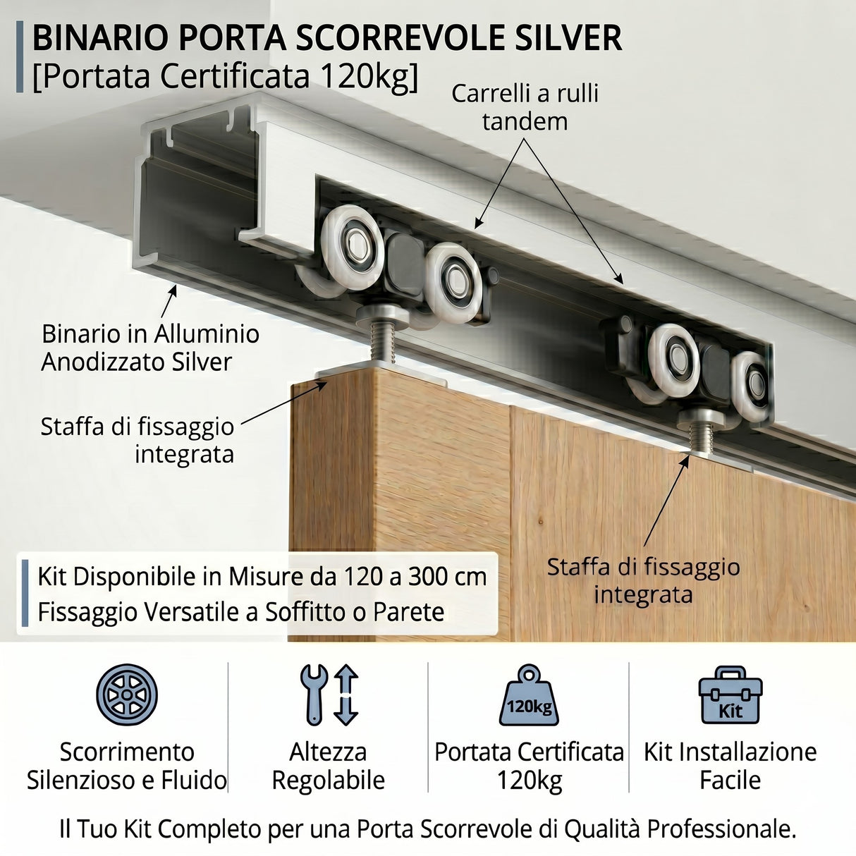 Binario con Kit Completo per Porta Scorrevole per Legno