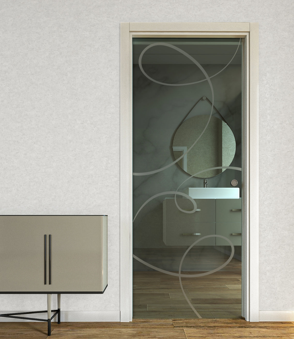 Porta Scorrevole a Scomparsa in Vetro Trasparente con Disegni Sabbiati