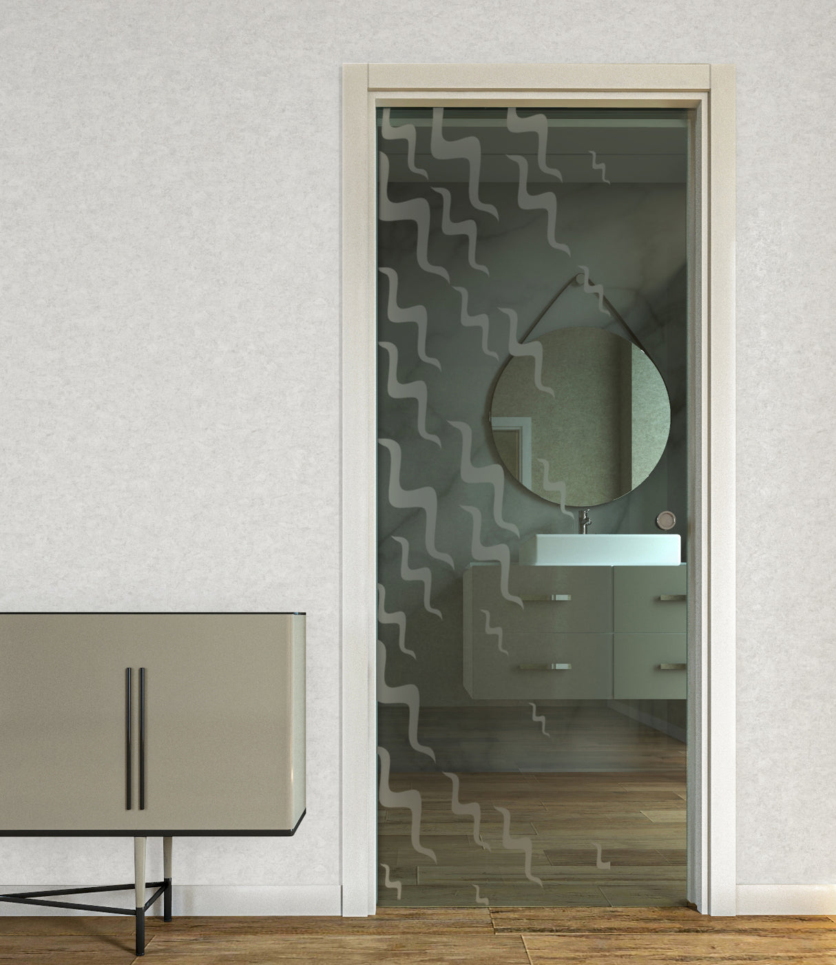 Porta Scorrevole a Scomparsa in Vetro Trasparente con Disegni Sabbiati