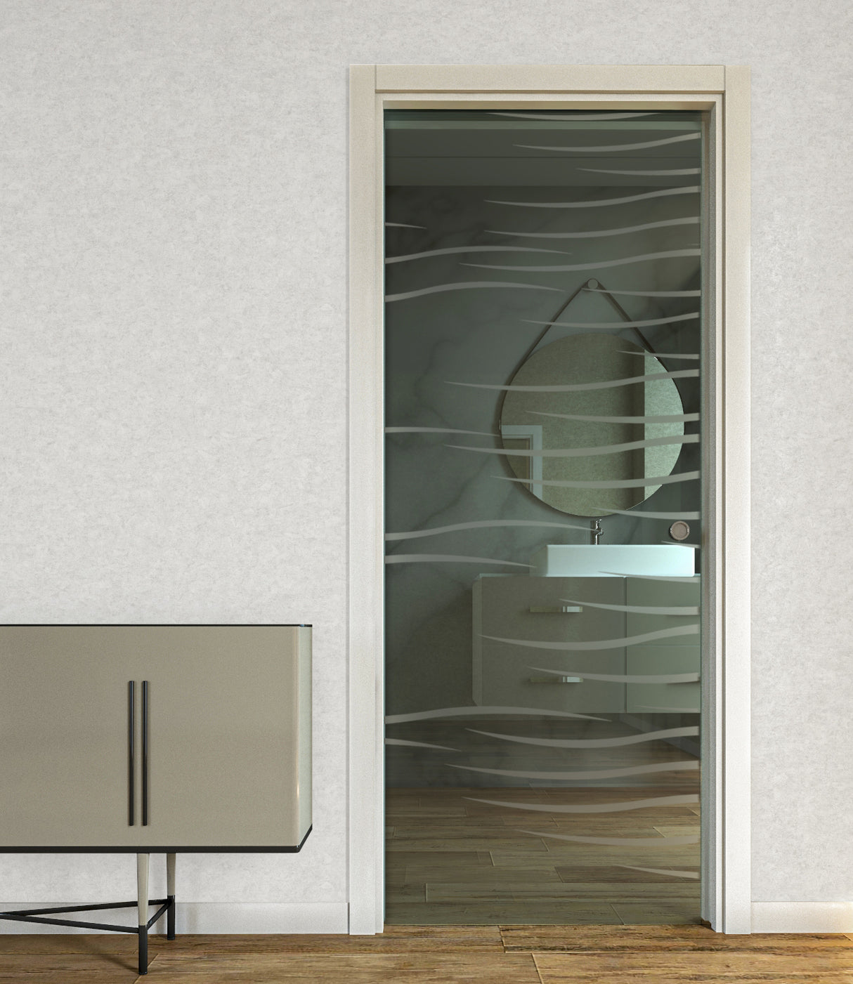 Porta Scorrevole a Scomparsa in Vetro Trasparente con Disegni Sabbiati