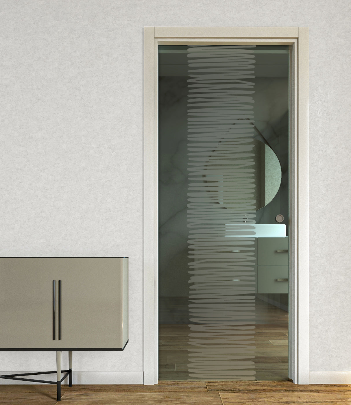 Porta Scorrevole a Scomparsa in Vetro Trasparente con Disegni Sabbiati