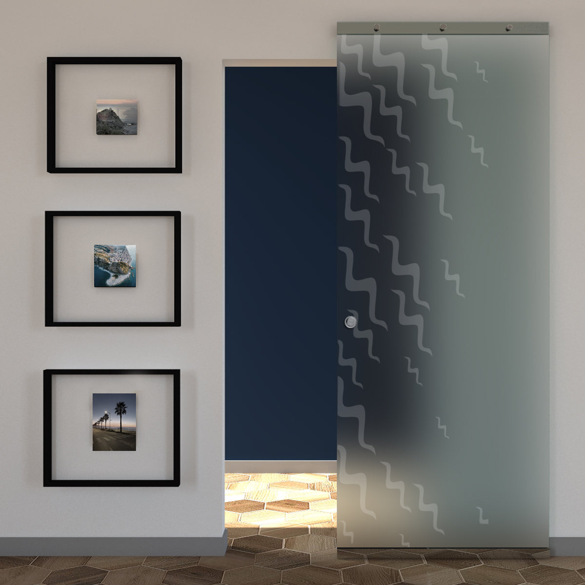 Porta Vetro Satinato Scorrevole e Disegno Sabbiato con Binario Magical Invisibile
