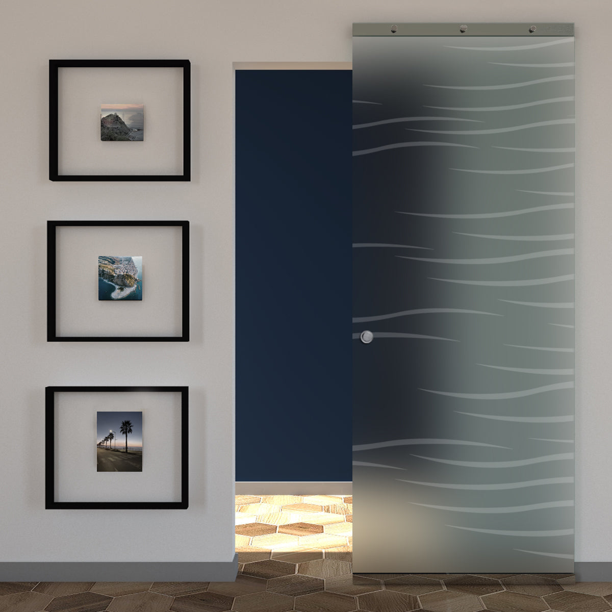 Porta Vetro Satinato Scorrevole e Disegno Sabbiato con Binario Magical Invisibile