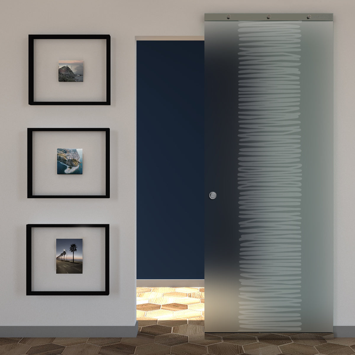Porta Vetro Satinato Scorrevole e Disegno Sabbiato con Binario Magical Invisibile