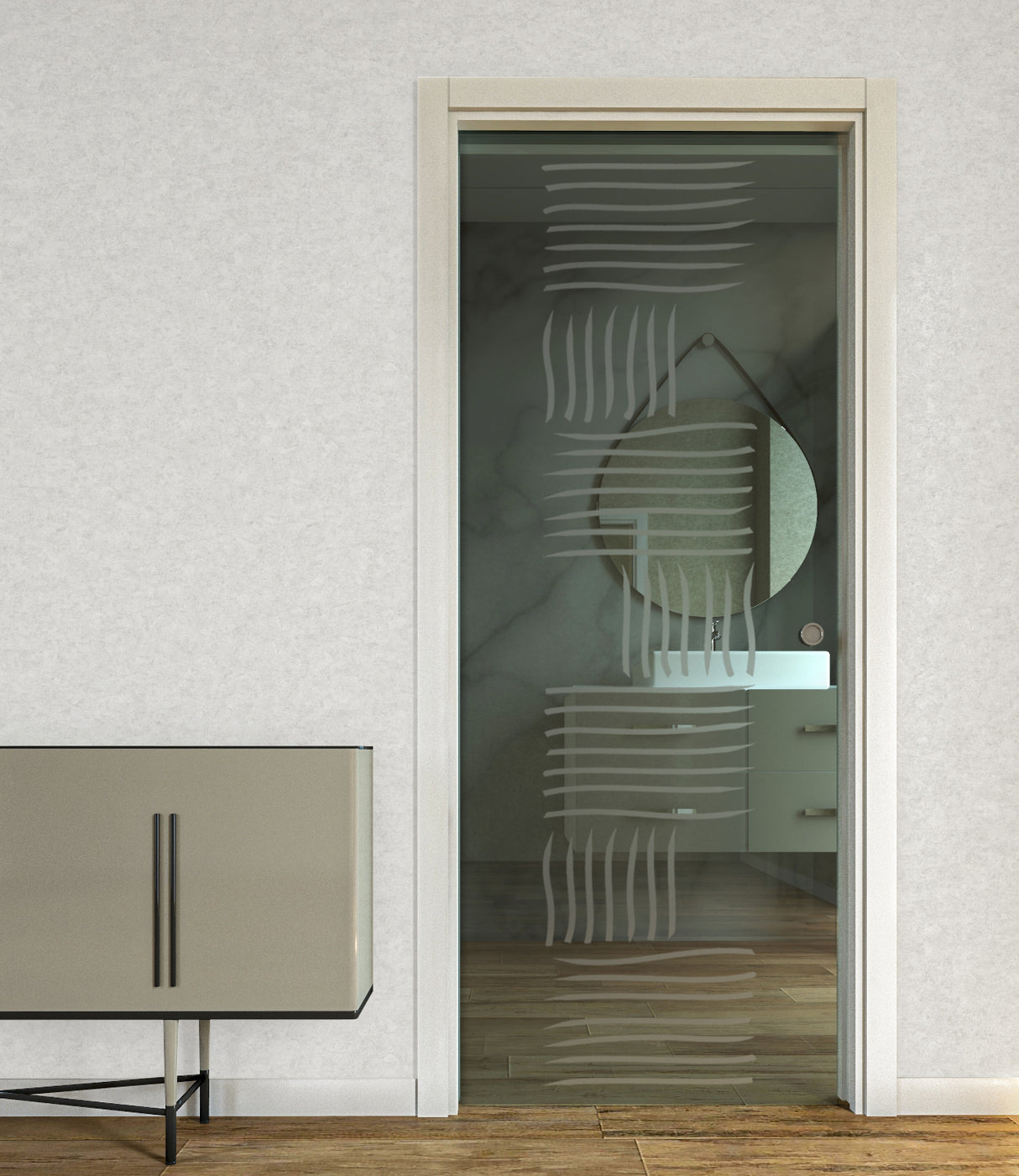 Porta Scorrevole a Scomparsa in Vetro Trasparente con Disegni Sabbiati