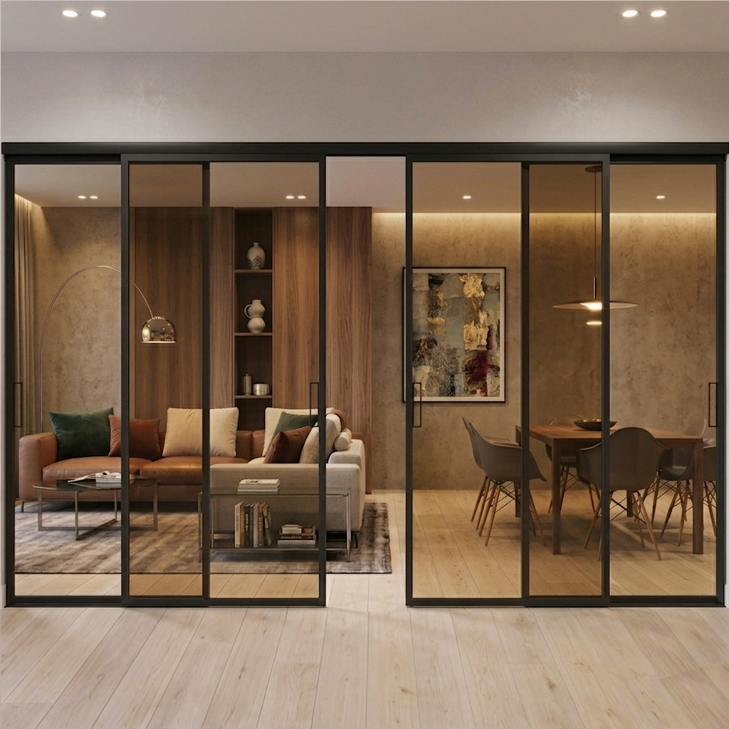 Partition Wall System in Smoked Glass with 4 Profiled Doors