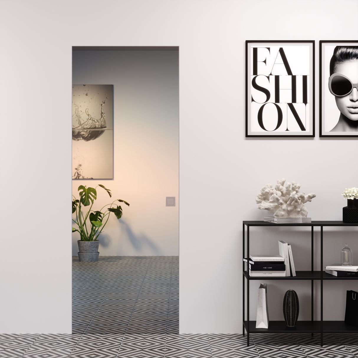 porta battente filomuro con specchio e maniglia invisibile