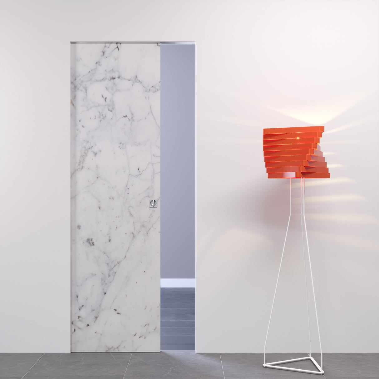 Porta scorrevole filomuro effetto marmo grigio