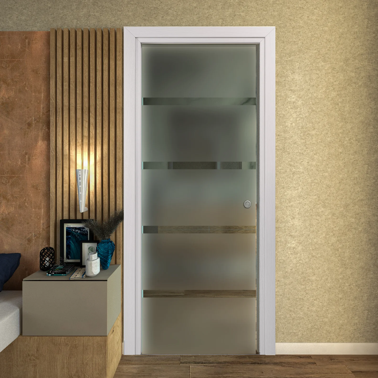 Porta Scorrevole a Scomparsa Vetro Satinato con Righe Trasparenti