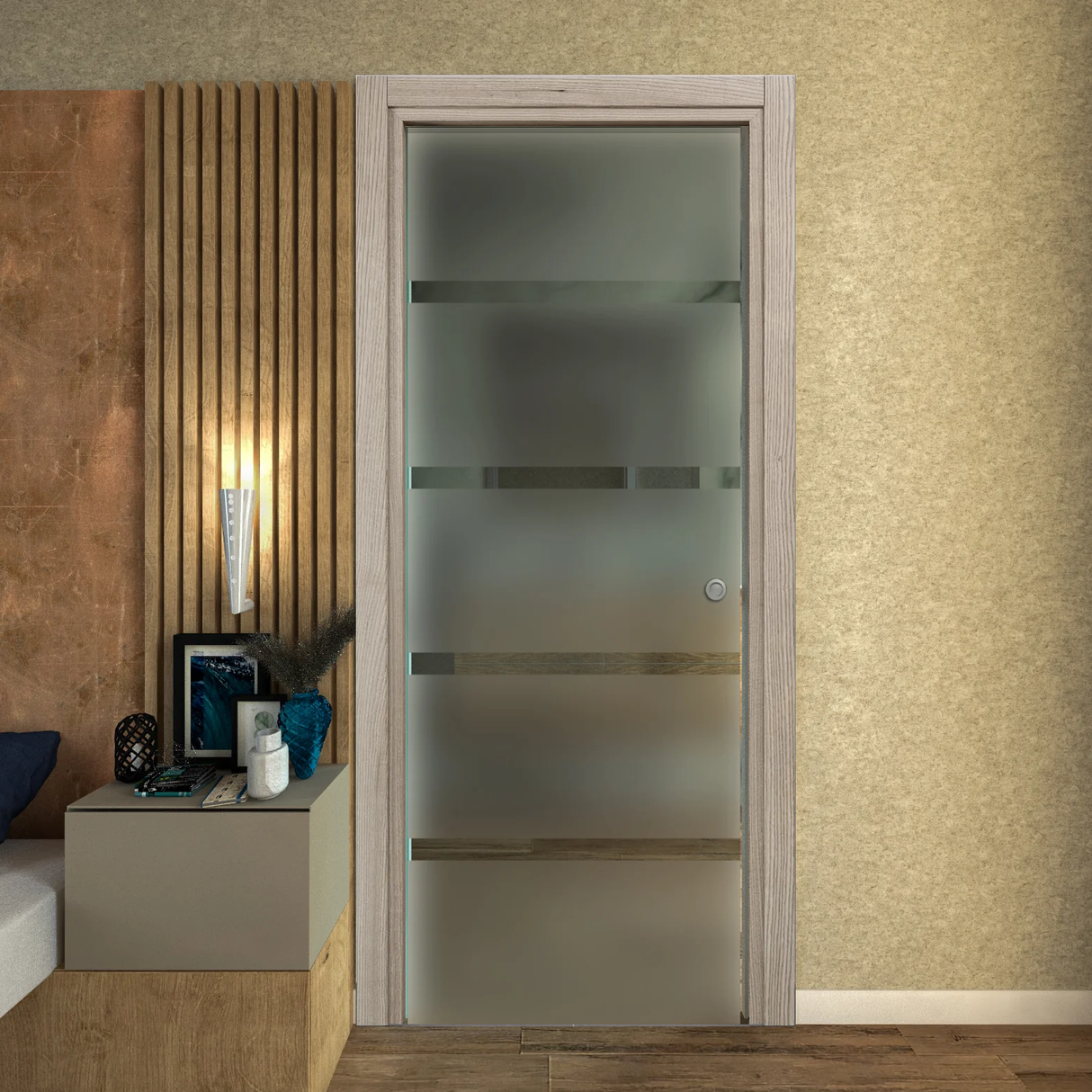 Porta Scorrevole a Scomparsa Vetro Satinato con Righe Trasparenti