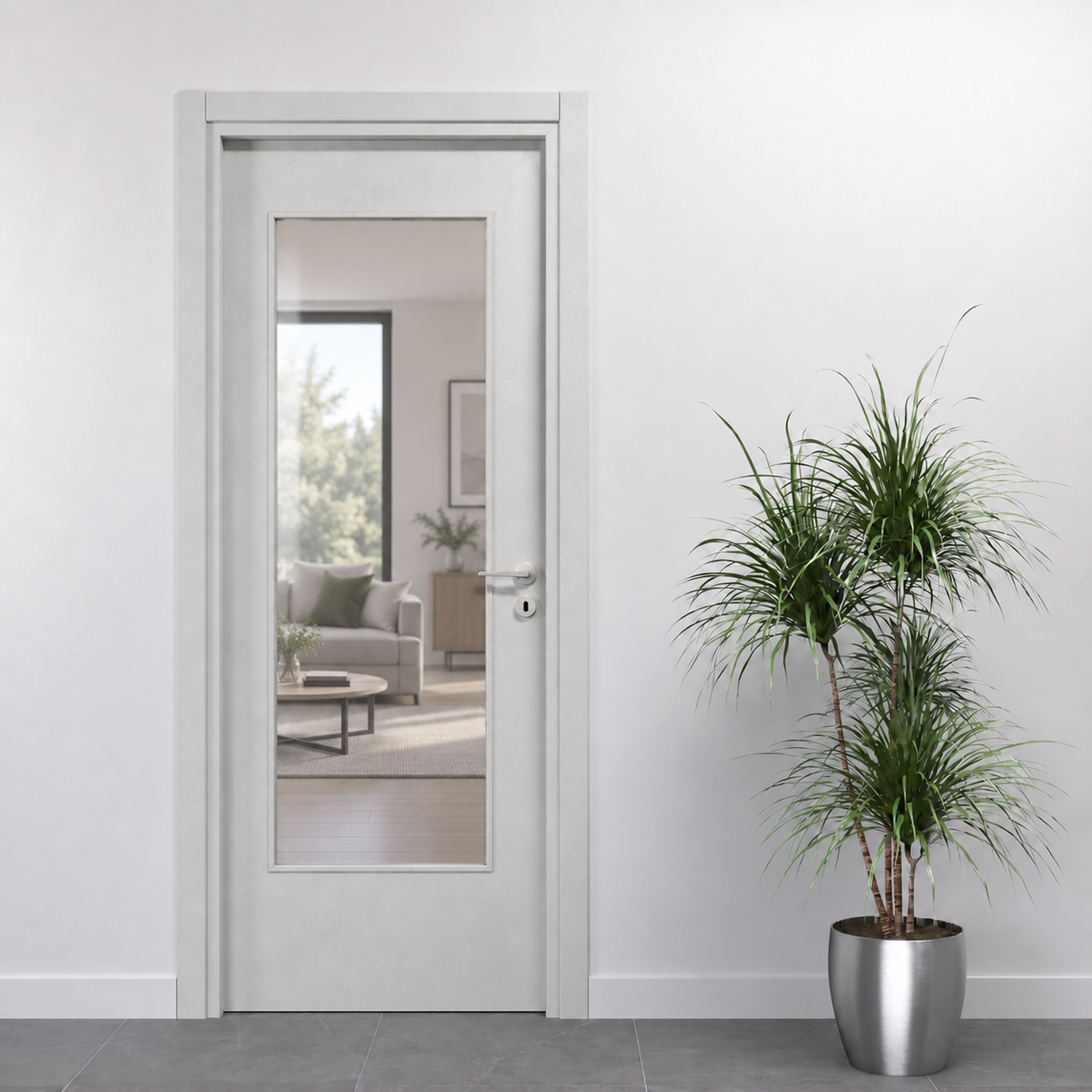 Porta in Effetto Cemento con Vetro Trasparente