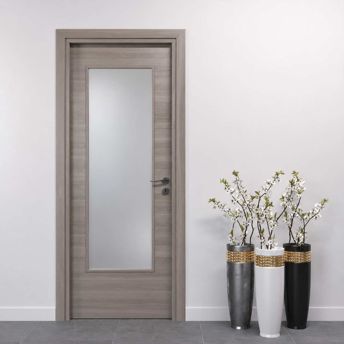 Porta in Olmo Grigio con Vetro Satinato