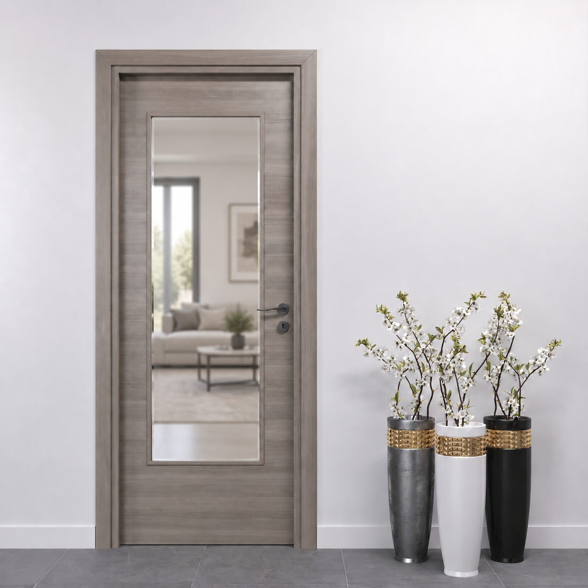 Porta in Olmo Grigio con Vetro Trasparente