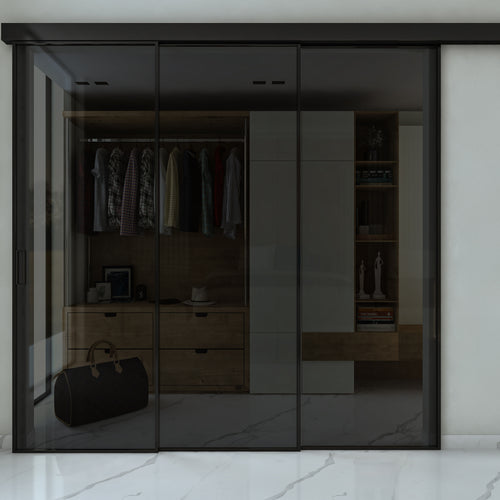 Partition Wall Drag System in Smoked Glass 3 Profiled Doors