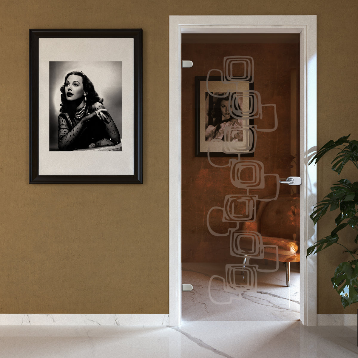 Porta Battente con Telaio in Legno e Vetro Trasparente Bronzo con Disegno Sabbiato EVO Seventy