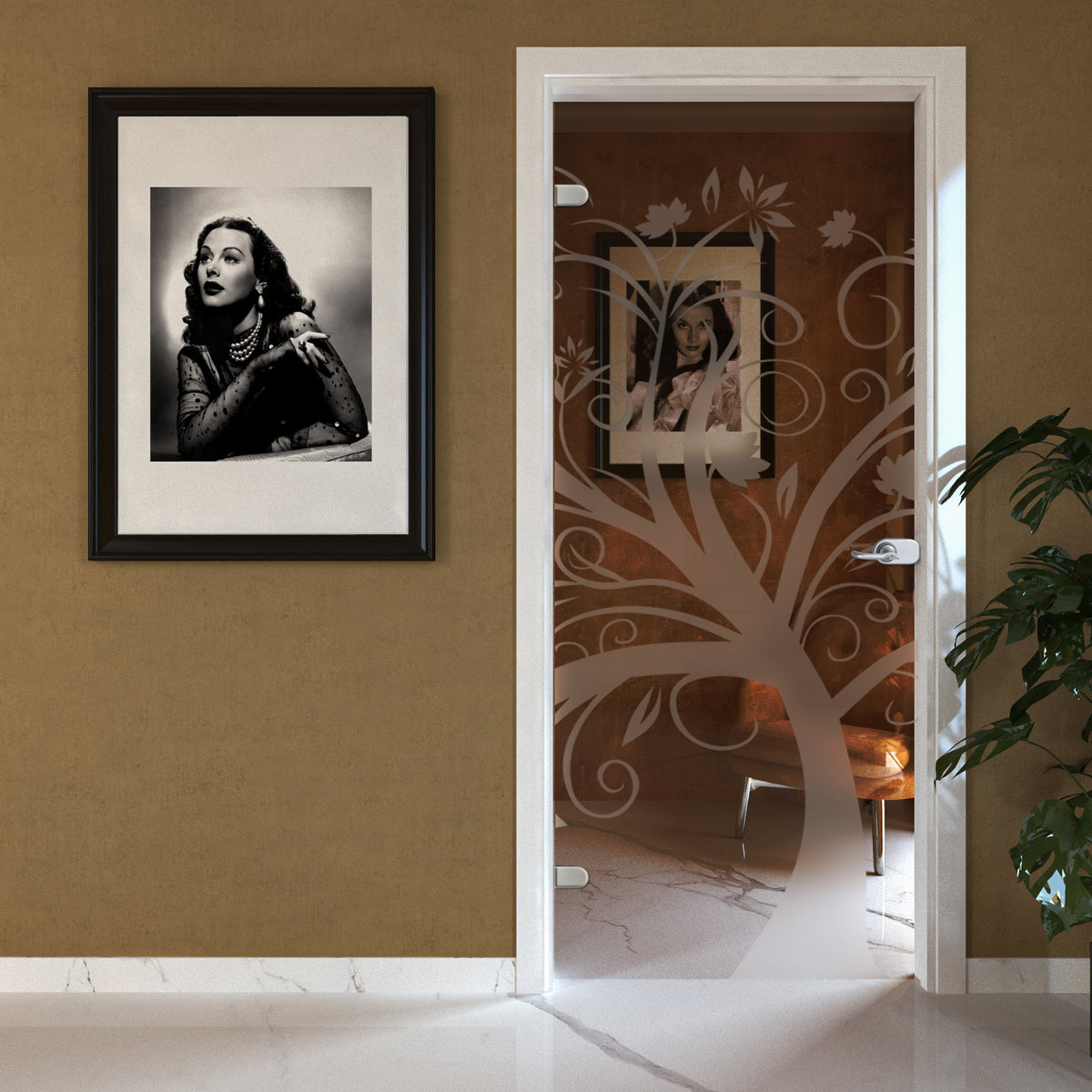 Porta Battente con Telaio in Legno e Vetro Trasparente Bronzo con Disegno Sabbiato EVO Tree