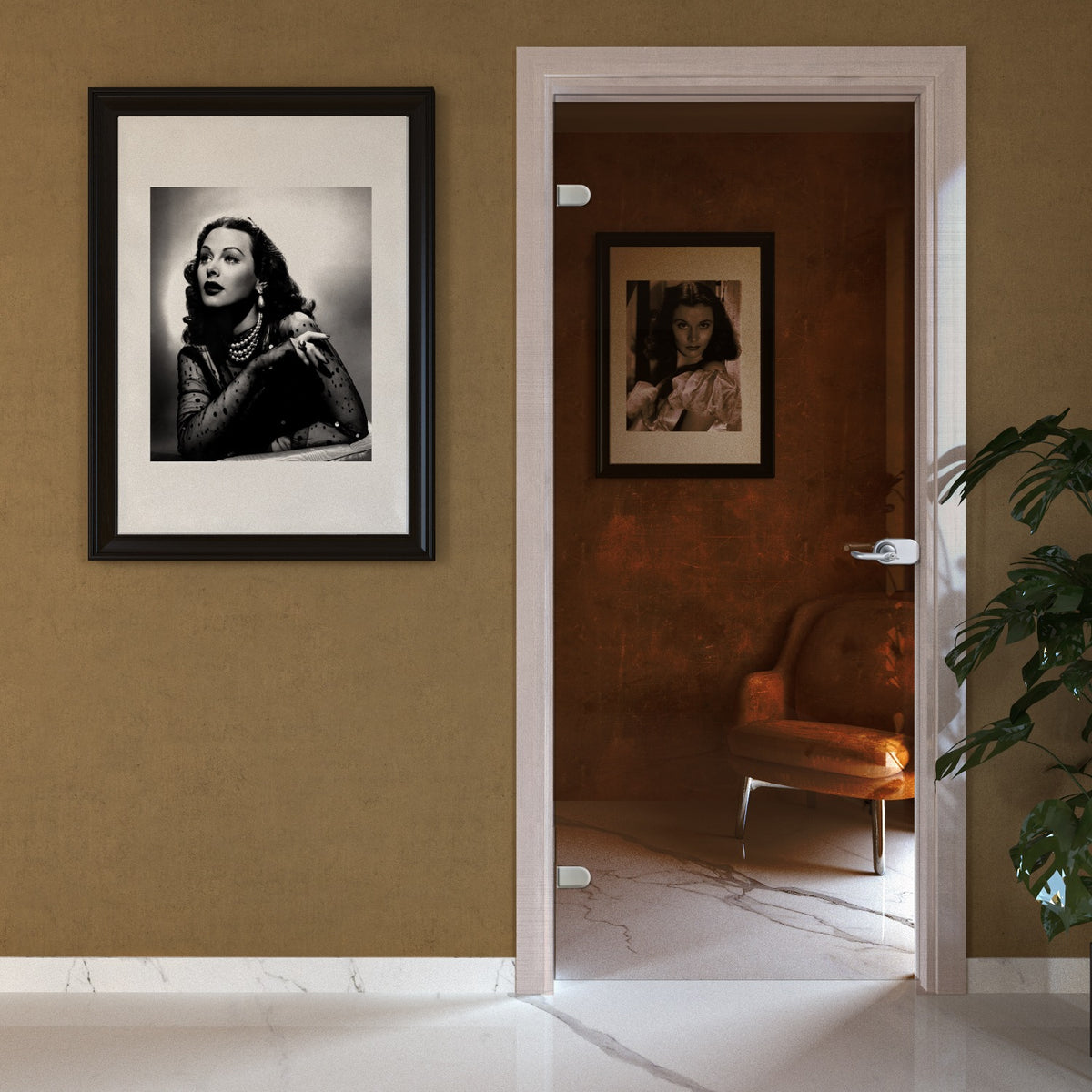 Porta battente in vetro bronzo con telaio e cornici in laminato Larice