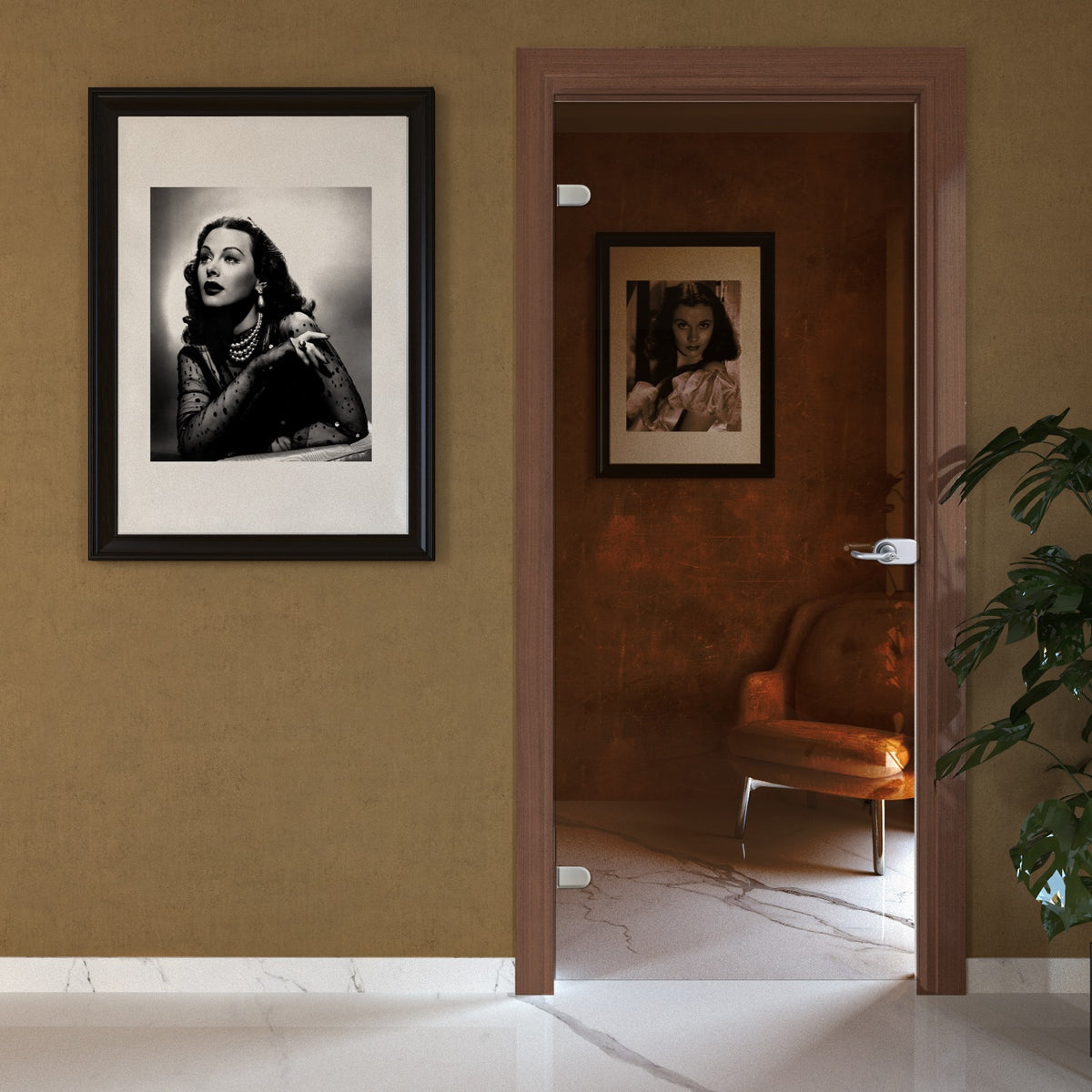Porta battente in vetro bronzo con telaio e cornici in laminato Noce Nazionale
