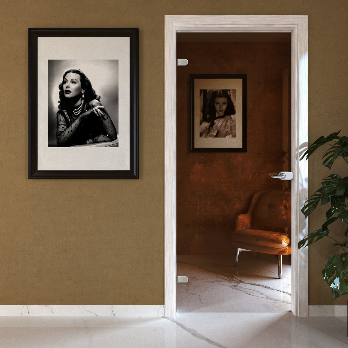 Porta battente in vetro bronzo con telaio e cornici in laminato Palissandro White