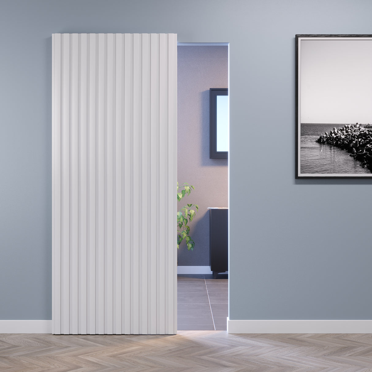 Porta con doghe scorrevole esterno muro con Magical con binario nascosto