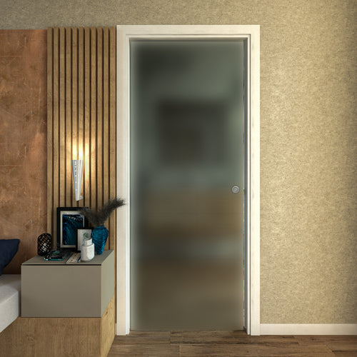 Porte coulissante à galandage en verre dépoli