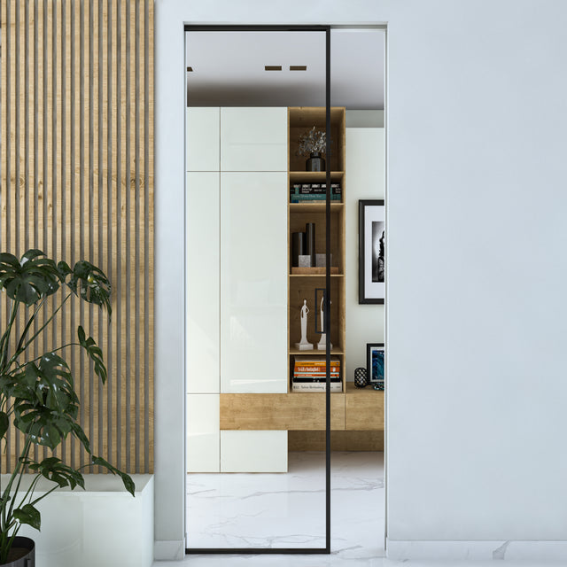 Porta scrigno in vetro trasparente con profili alluminio