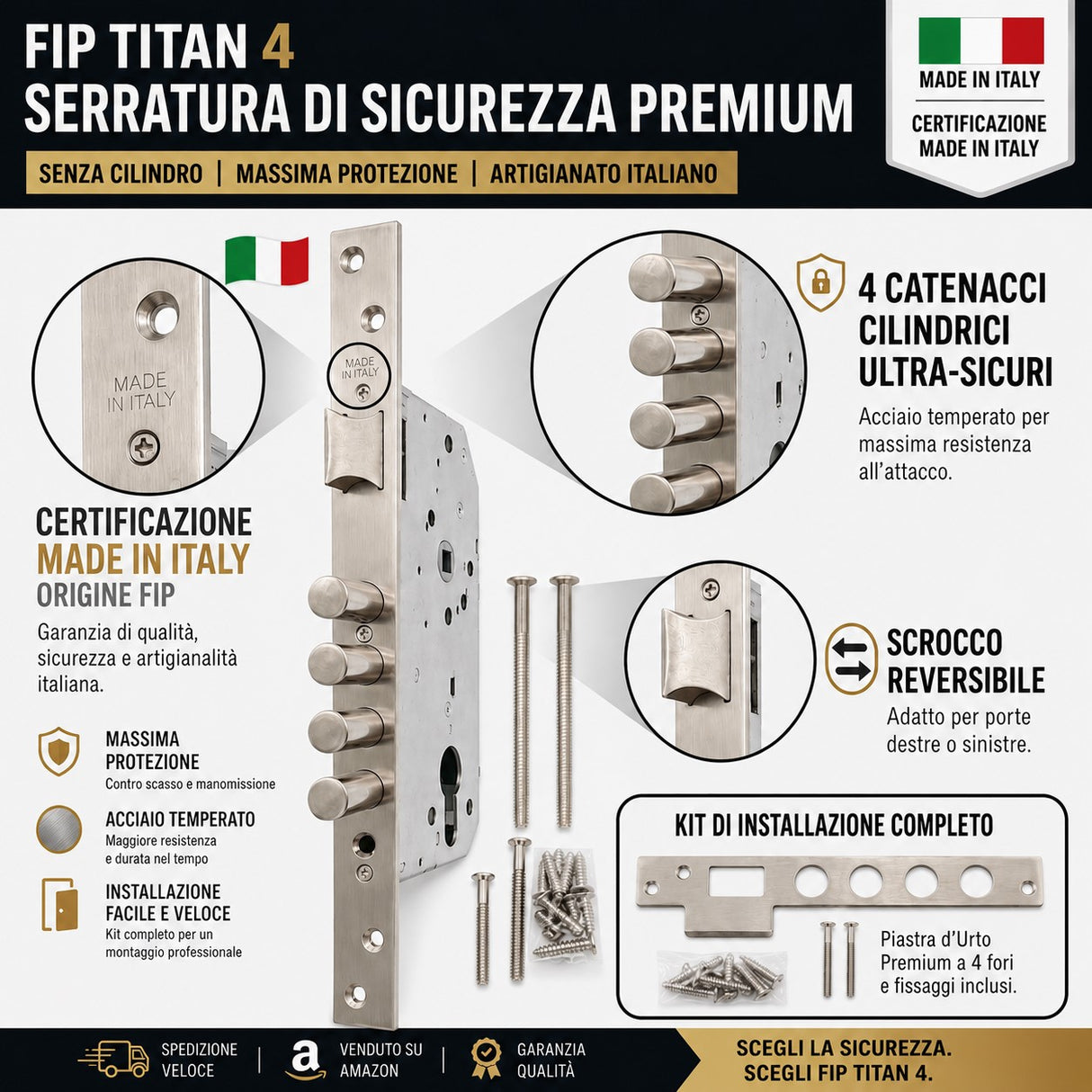 Serratura FIP TITAN 4 - Catenacci Cilindrici, Cassa 20mm, EN 12209