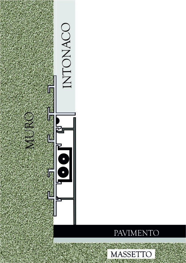 Sezione verticale del battiscopa filo muro: muro, intonaco, profilo in alluminio, battiscopa, pavimento e massetto