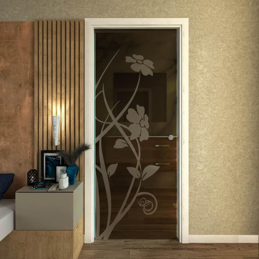 Pocket Casket Door in Satin Glass with Sandblasted Designs