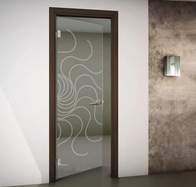 Porta interna battente vetro trasparente e disegni sabbiati