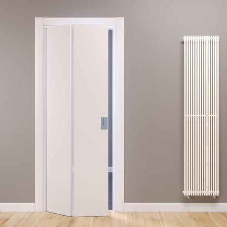 Porta a libro Fluid Motion in laminato bianco, soluzione salvaspazio senza binario a terra