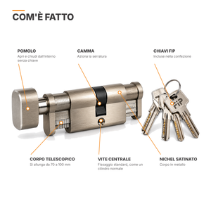 Caratteristiche del cilindro: pomolo, camma, corpo telescopico, vite centrale, chiavi FIP