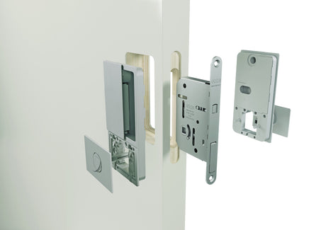 AGB Scivola Tre Class lock with Wave handle on a sliding door, exploded view
