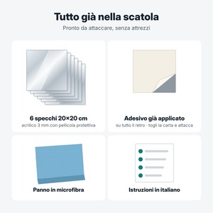 Contenuto della confezione 20x20: 6 specchi con adesivo sul retro, panno in microfibra, istruzioni