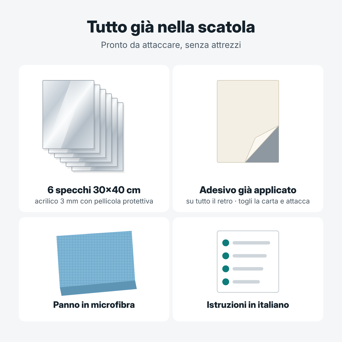 Contenuto della confezione 30x40: 6 specchi con adesivo sul retro, panno in microfibra, istruzioni