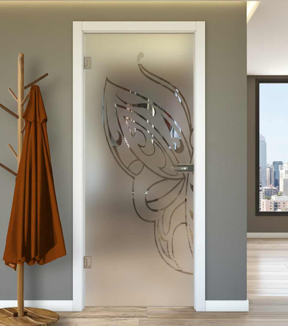 Porta Battente con Telaio in Legno e Vetro Sabbiato con Disegno Trasparente