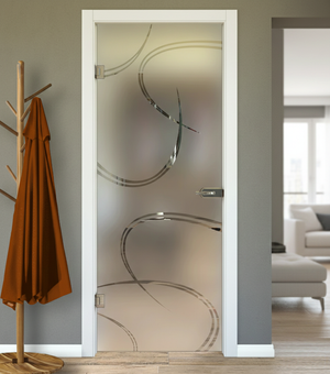 Porta Battente con Telaio in Legno e Vetro Sabbiato con Disegno Trasparente