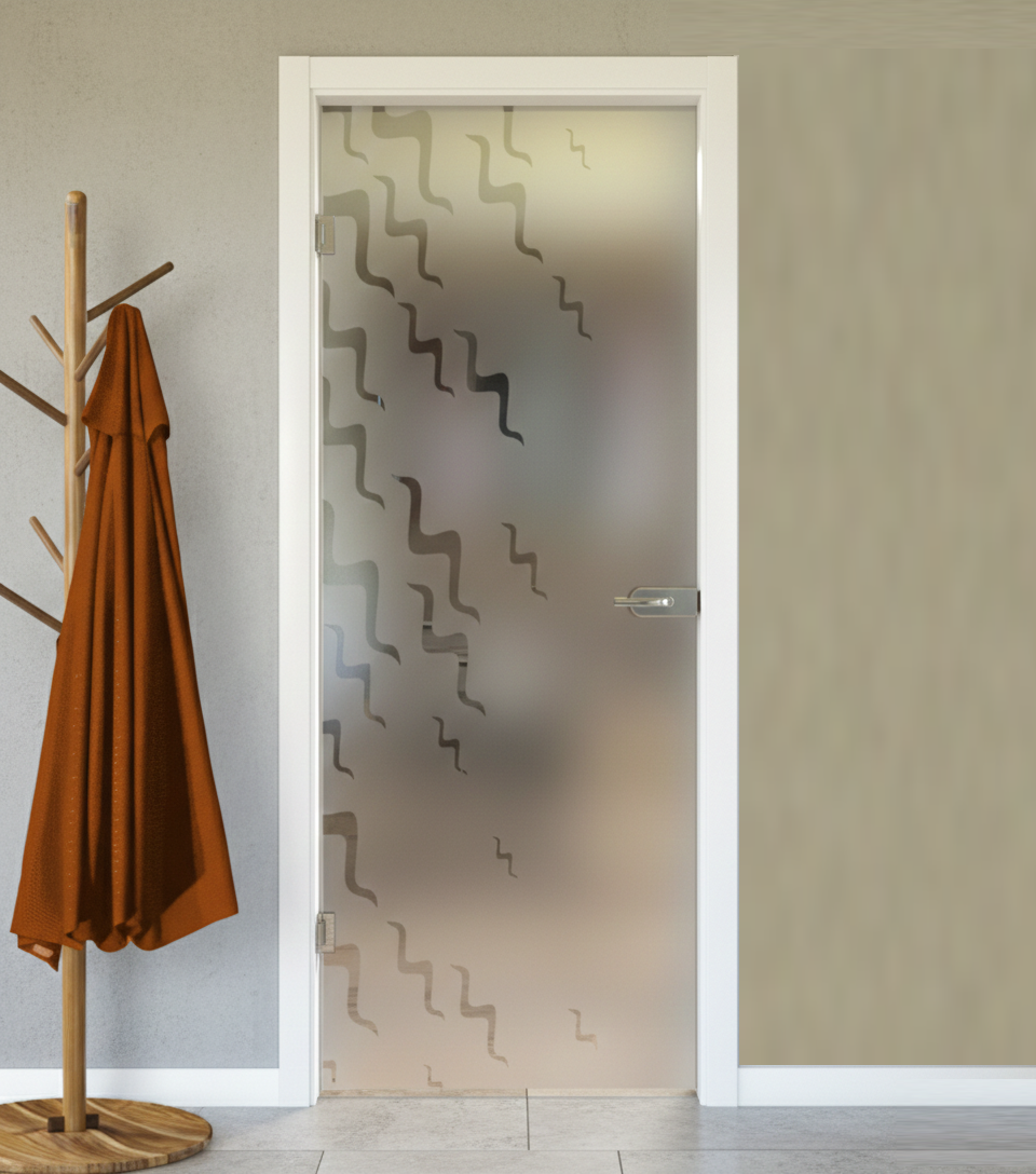 Porta Battente con Telaio in Legno e Vetro Sabbiato con Disegno Trasparente
