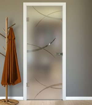 Porta Battente con Telaio in Legno e Vetro Sabbiato con Disegno Trasparente