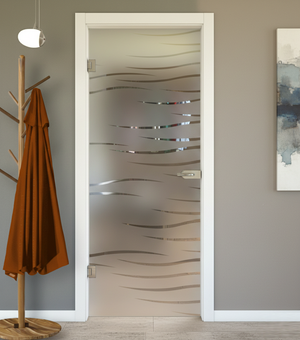 Porta Battente con Telaio in Legno e Vetro Sabbiato con Disegno Trasparente