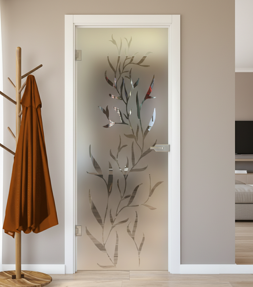 Porta Battente con Telaio in Legno e Vetro Sabbiato con Disegno Trasparente