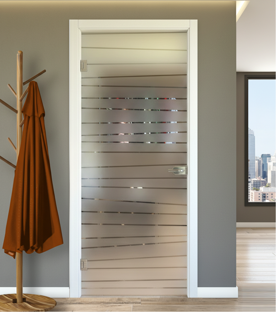 Porta Battente con Telaio in Legno e Vetro Sabbiato con Disegno Trasparente