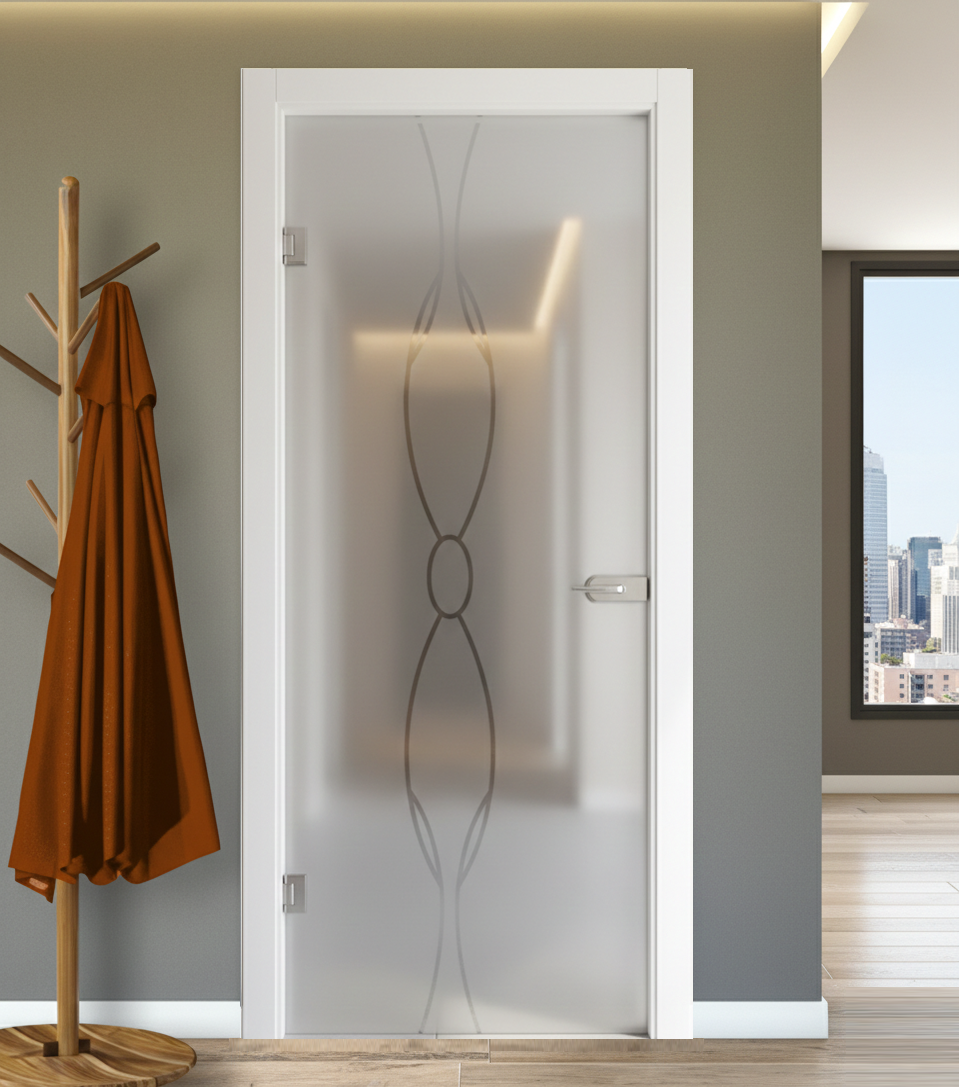 Porta Battente con Telaio in Legno e Vetro Sabbiato con Disegno Trasparente