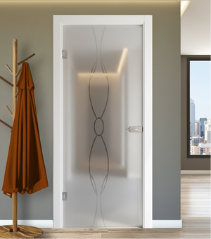 Porta Battente con Telaio in Legno e Vetro Sabbiato con Disegno Trasparente