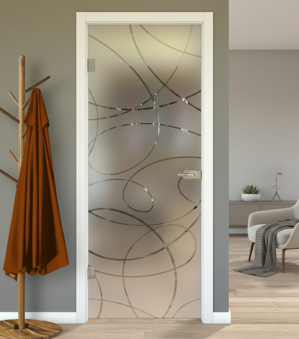 Porta Battente con Telaio in Legno e Vetro Sabbiato con Disegno Trasparente