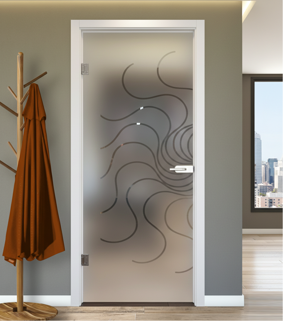 Porta Battente con Telaio in Legno e Vetro Sabbiato con Disegno Trasparente