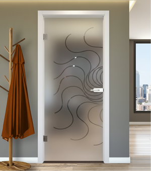 Porta Battente con Telaio in Legno e Vetro Sabbiato con Disegno Trasparente